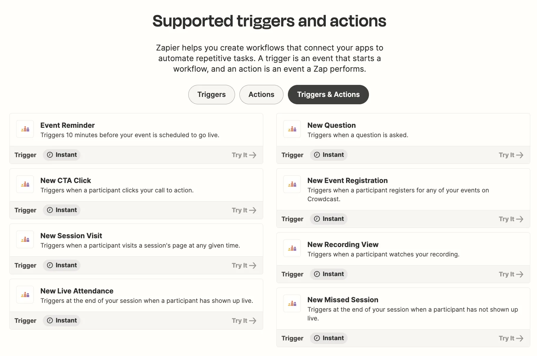 screenshot of Crowdcast actions in Zapier