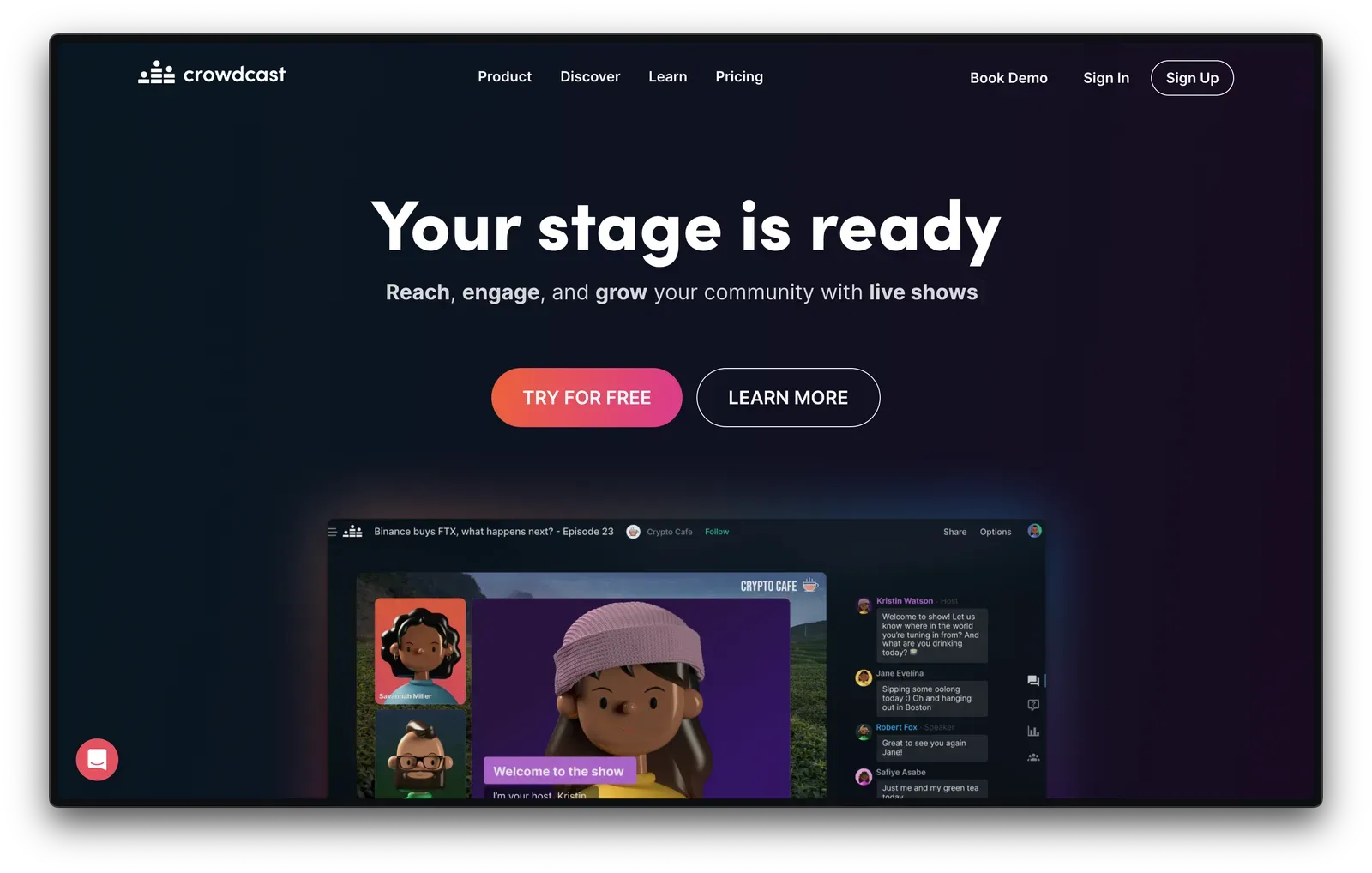 Screenshot of Crowdcast homepage