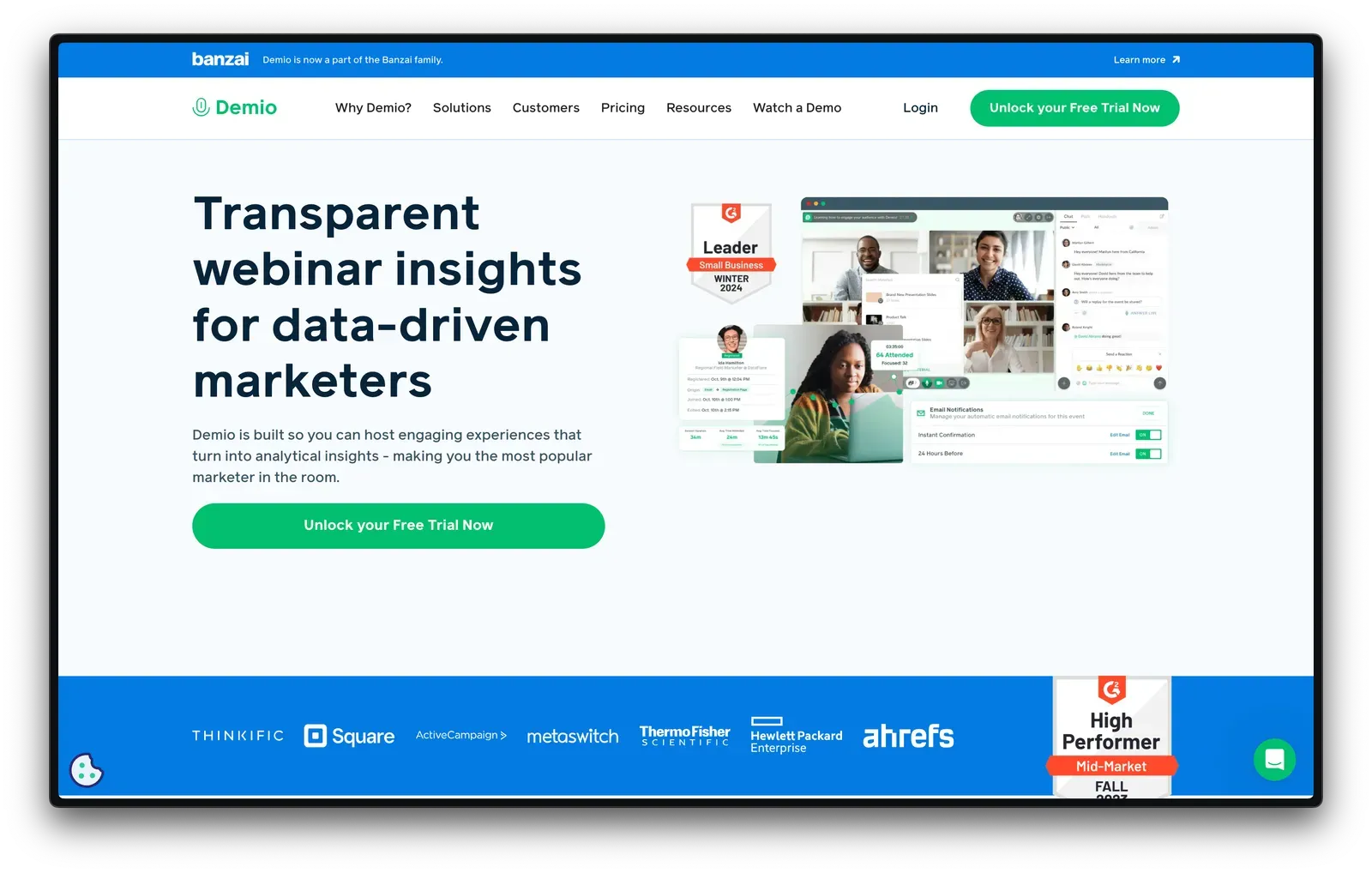 Screenshot of Demio homepage