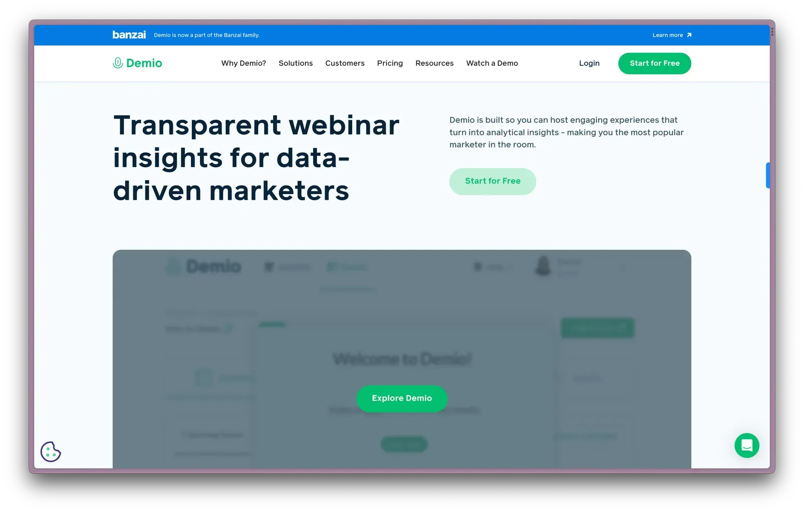Demio webinar platform homepage, a browser-based Cvent alternative for marketing teams
