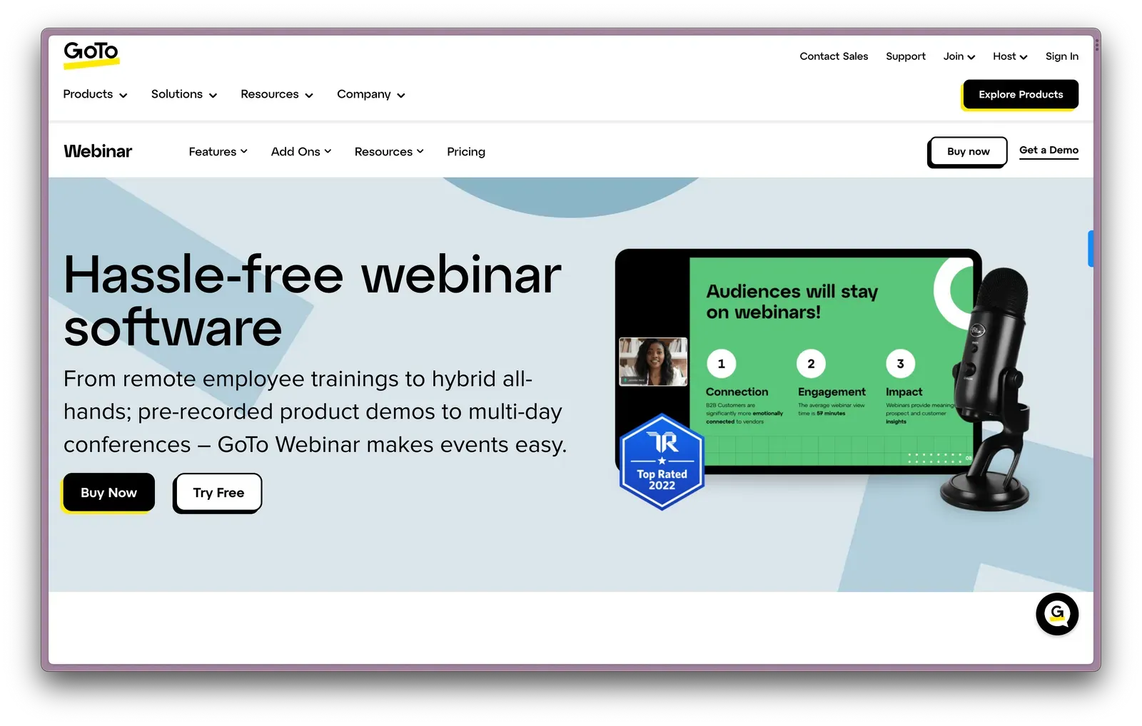 GoToWebinar homepage, a basic Cvent alternative for simple marketing webinars