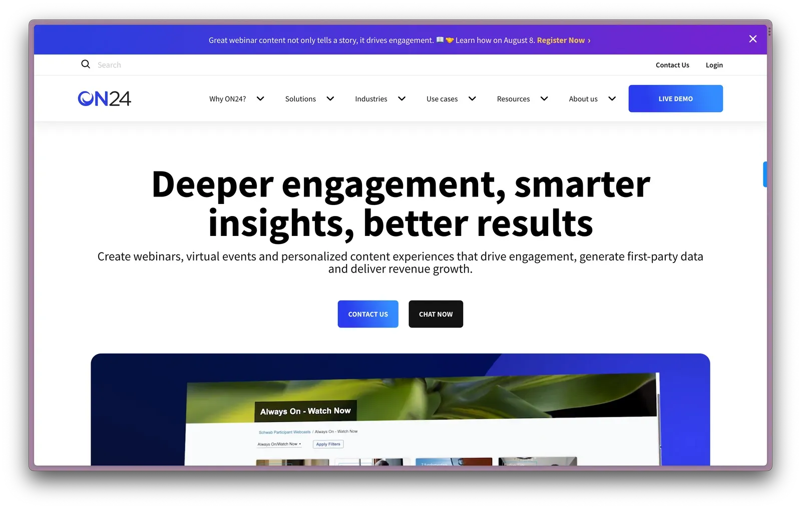 ON24 homepage, an enterprise webinar platform and Cvent alternative with detailed analytics