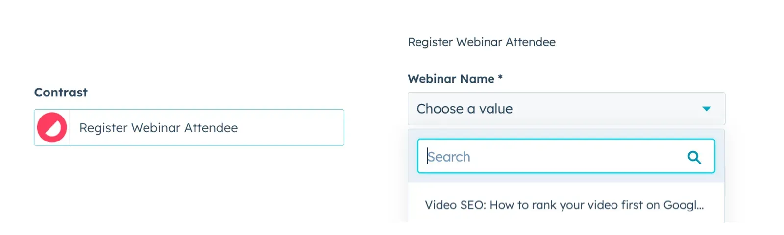 Screenshot of registering a webinar attendee in HubSpot workflows