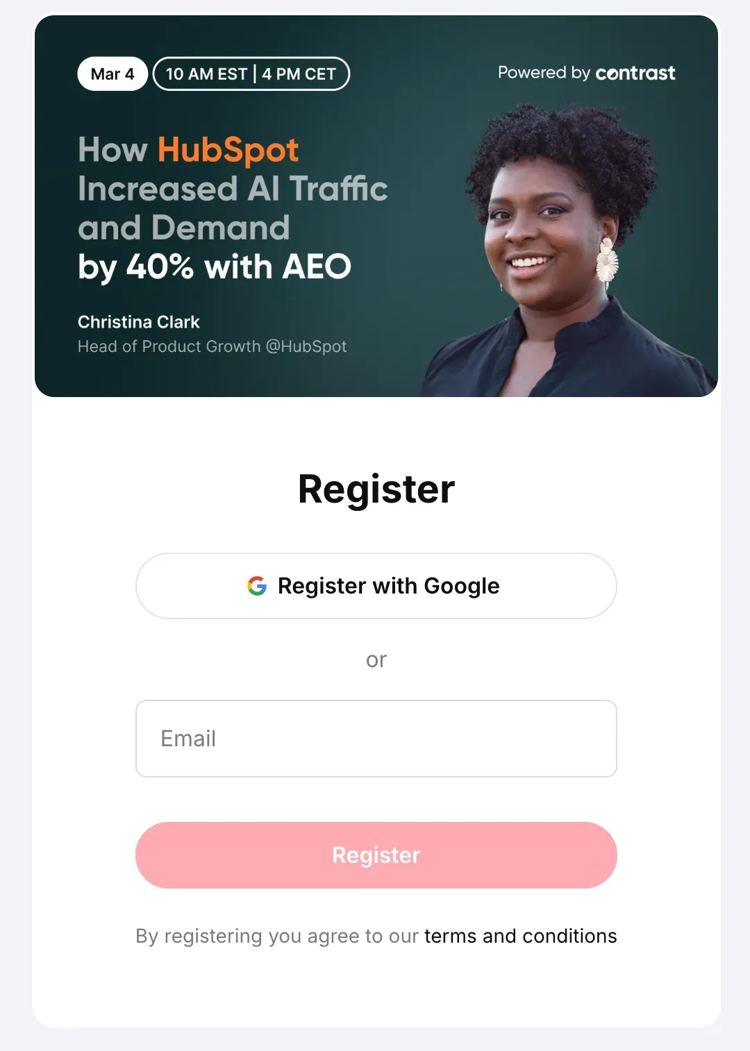 Webinar registration form with email field