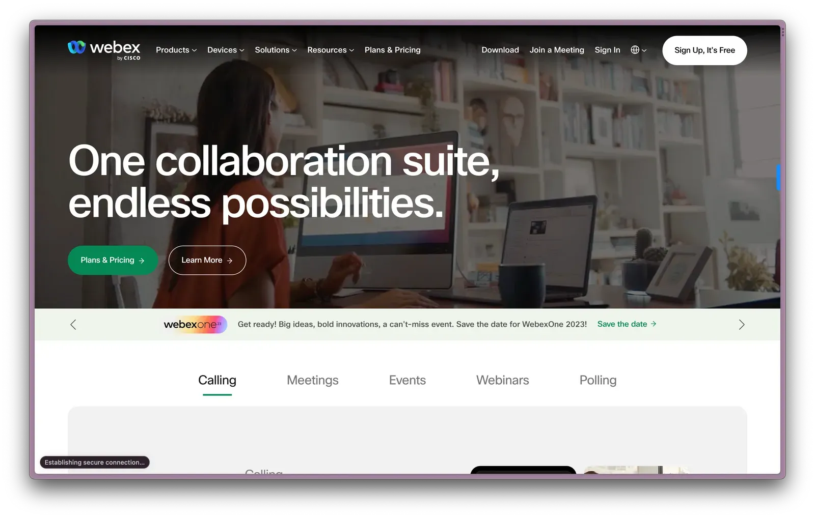 Webex homepage, a Cvent alternative focused on security and video conferencing
