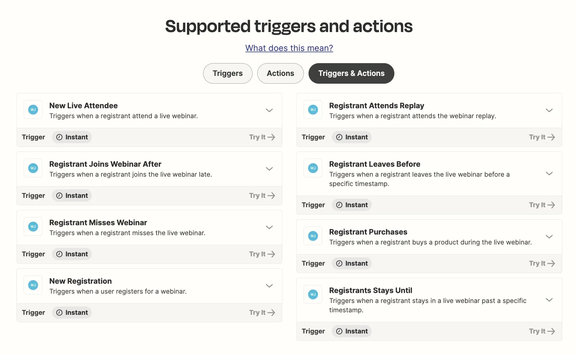 screenshot of WebinarJam actions in Zapier
