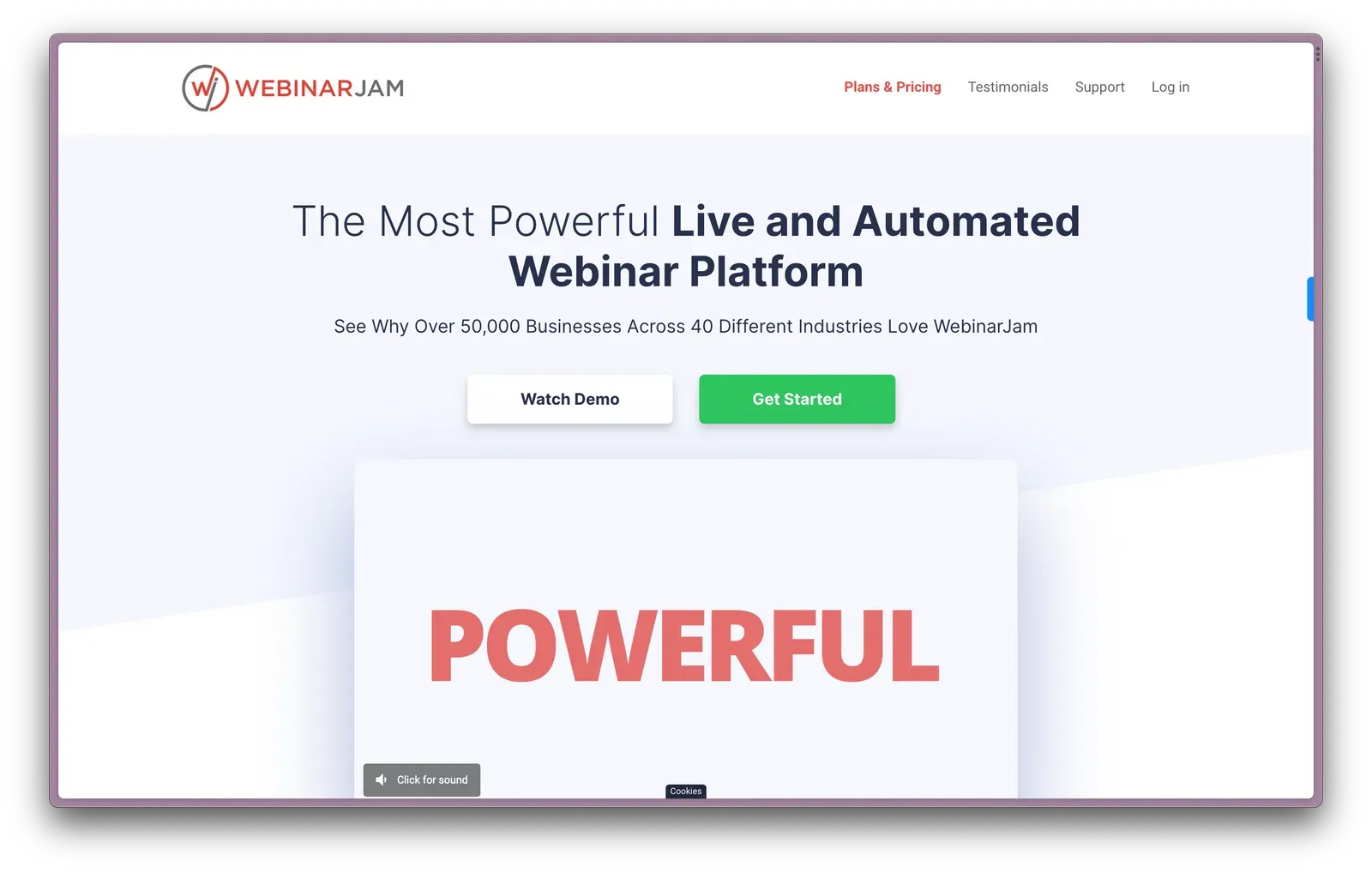 WebinarJam homepage, a low-cost Cvent alternative for basic webinar needs