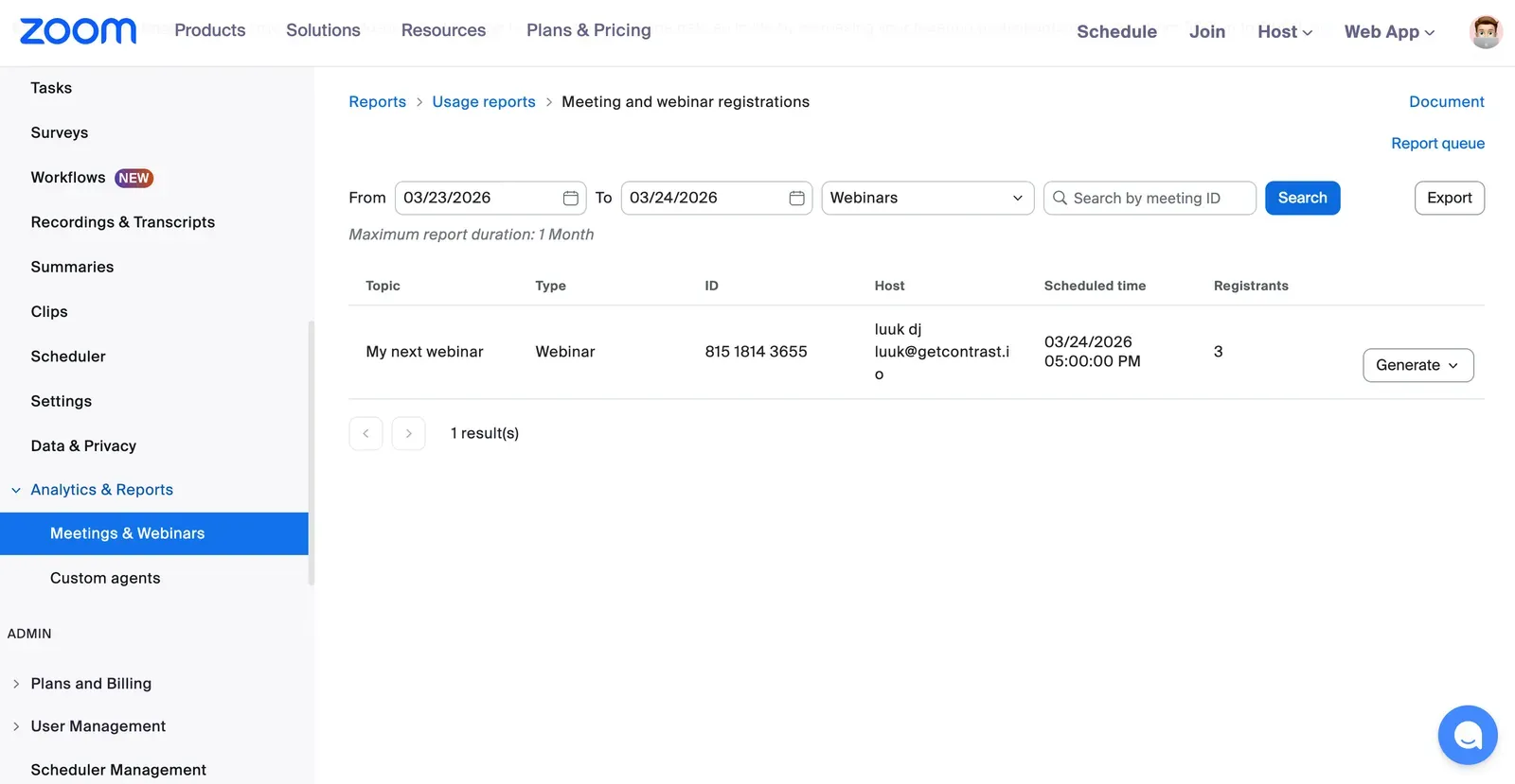 Analytics dashboard in Zoom Webinars