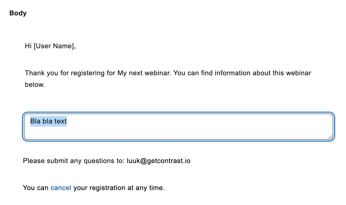 Zoom webinar email editor has limited options