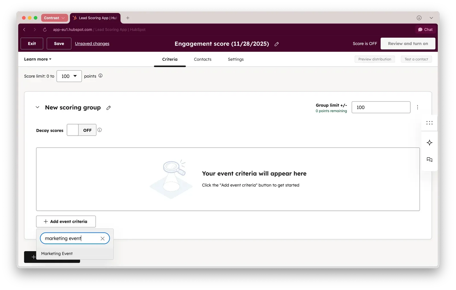 Screenshot showing how to add event criteria for marketing events in HubSpot