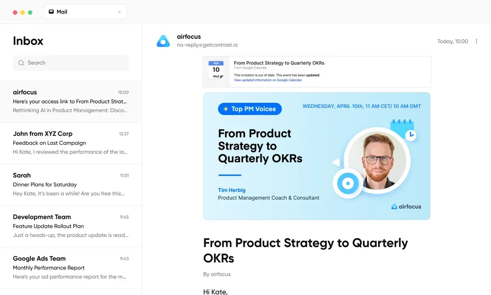 Image showing airfocus email with webinar calendar invites