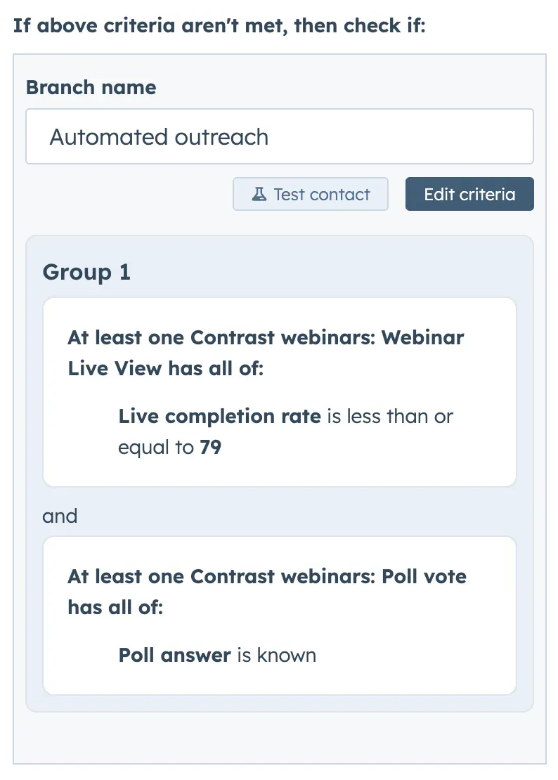 Screenshot of webinar criteria for HubSpot marketing events