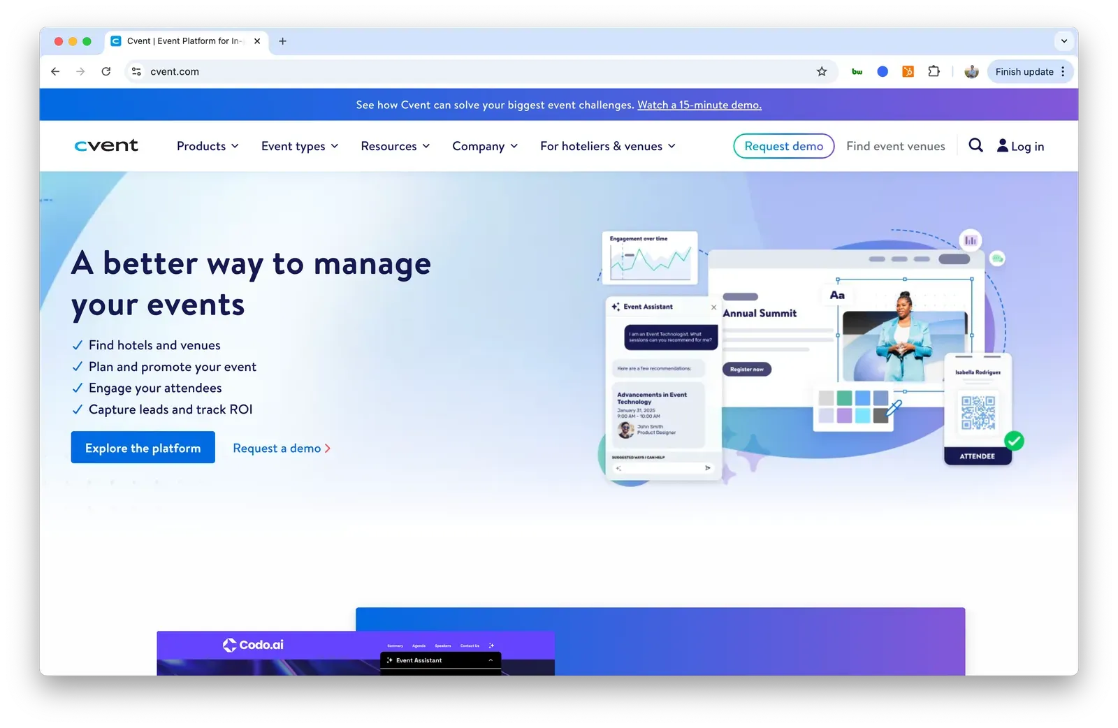 Cvent event management platform homepage, an enterprise webinar and virtual event tool