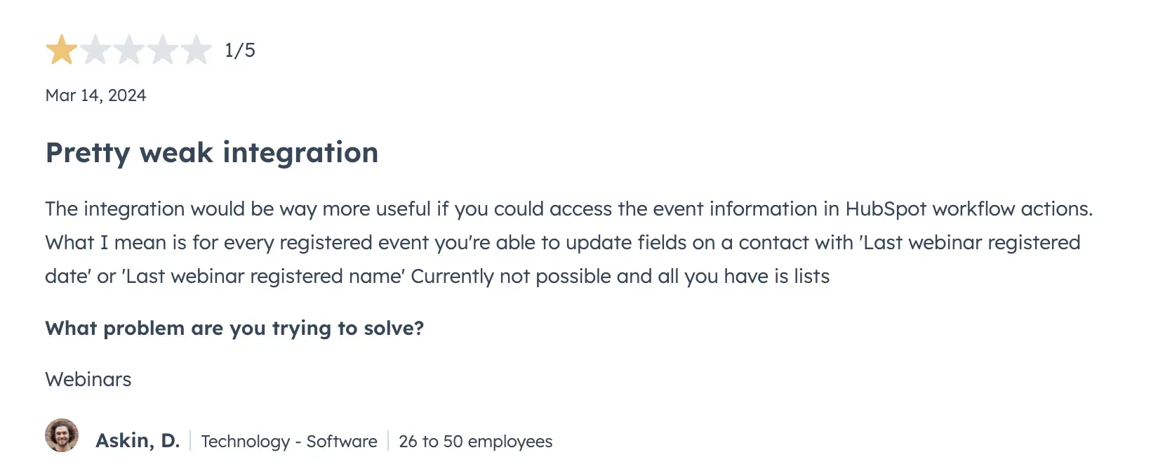 Screenshot of 1-star review of Demio on HubSpot Marketplace