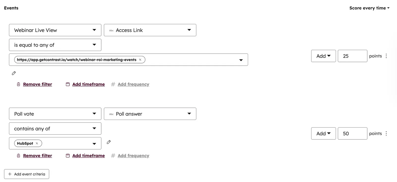 Screenshot showing how to combine multiple webinar criteria and score them using HubSpot marketing events
