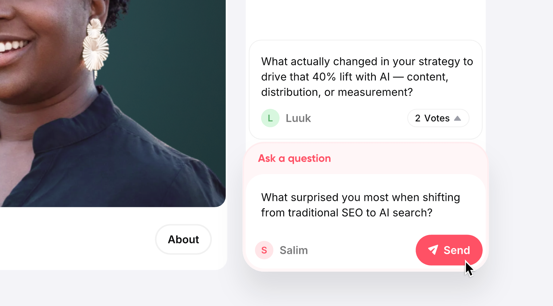 Screenshot from the Q&A feature before the event on Contrast