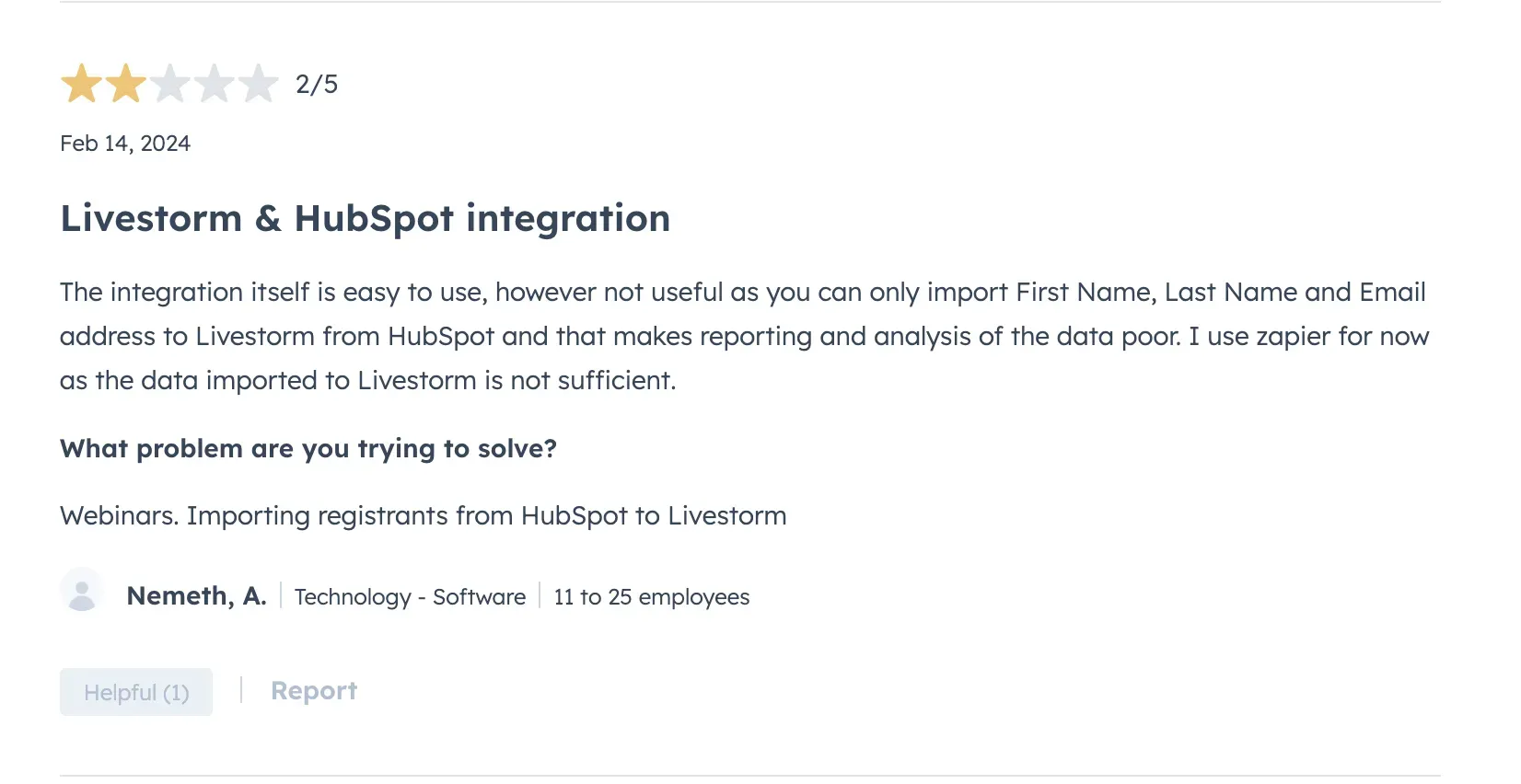 2-star review of Livestorm on HubSpot Marketplace