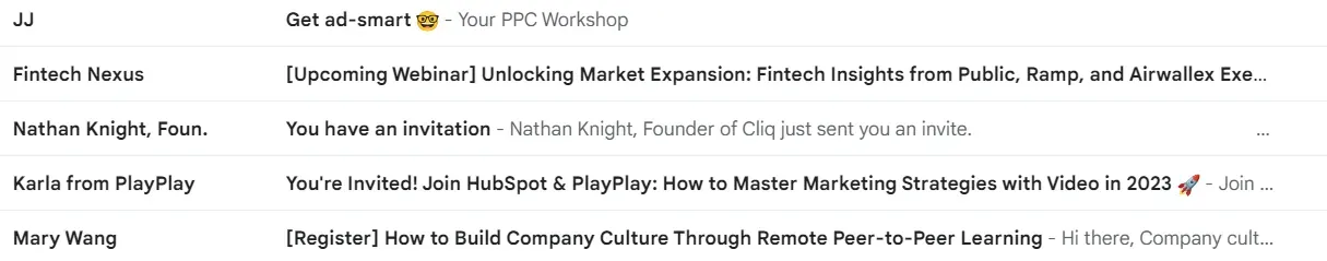 Screenshots of different invitation emails for webinars