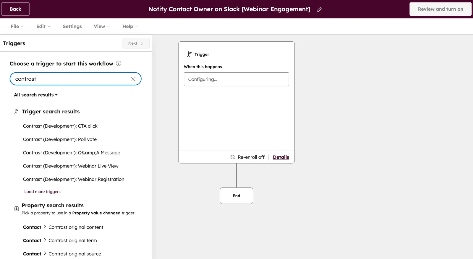 Screenshot showing how to search for Contrast triggers in HubSpot