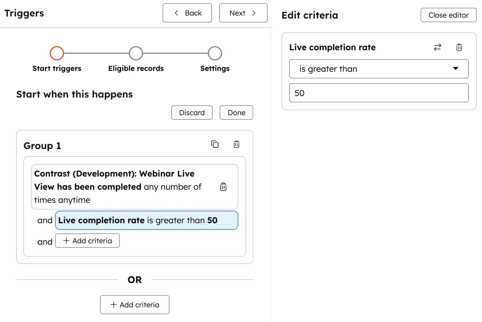 Screenshot of how to set the live completion rate to greater than 50%