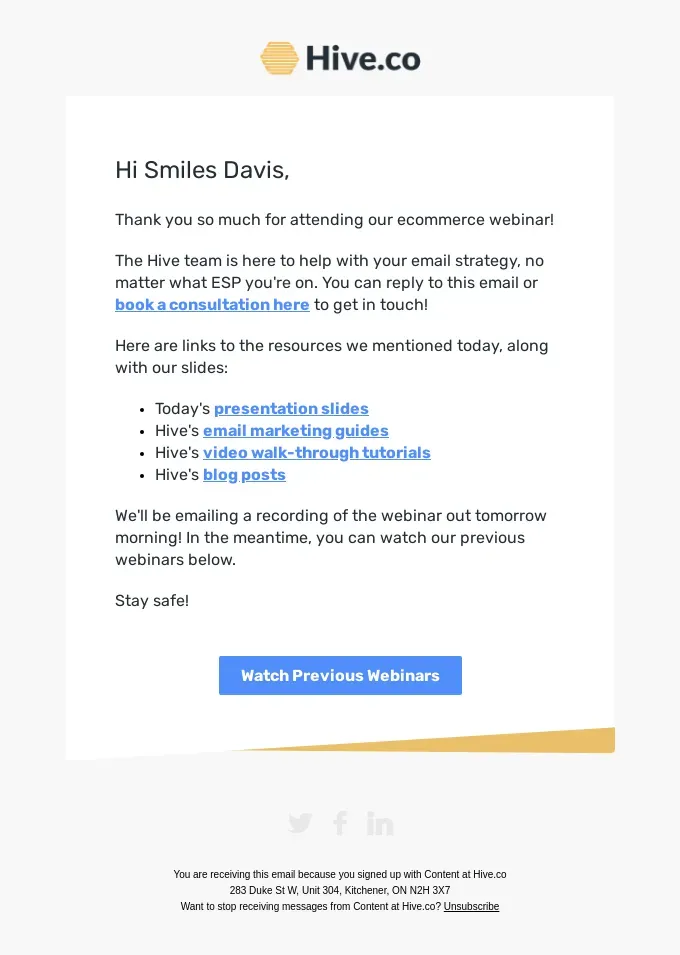  An example of a post-webinar thank you email