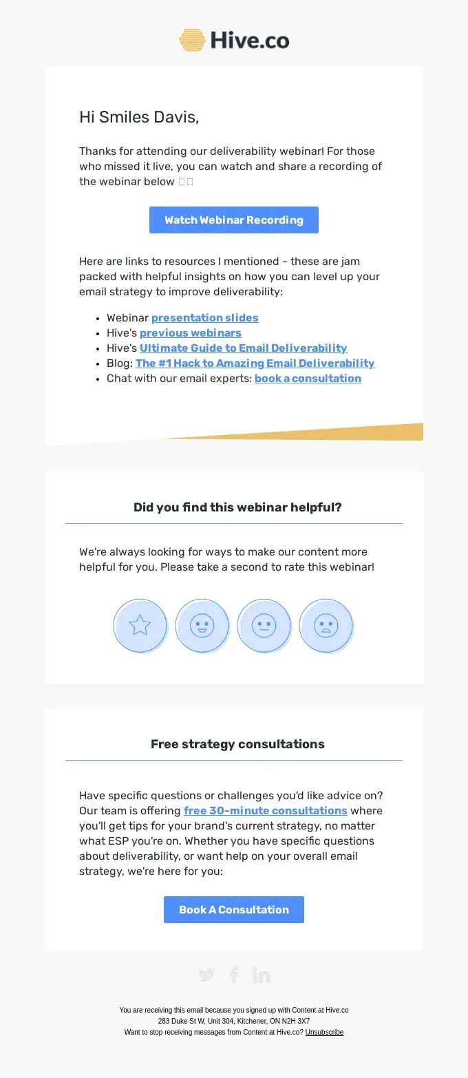 Example of a thank you for attending webinar email with exclusive offer