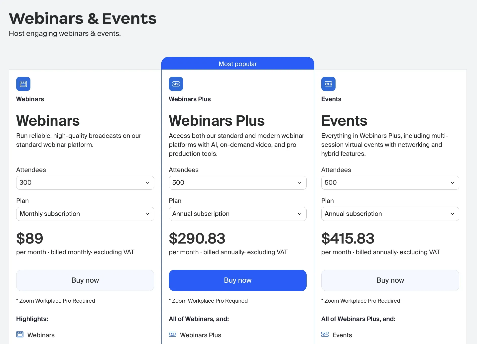 Screenshot of Zoom's webinar pricing tiers