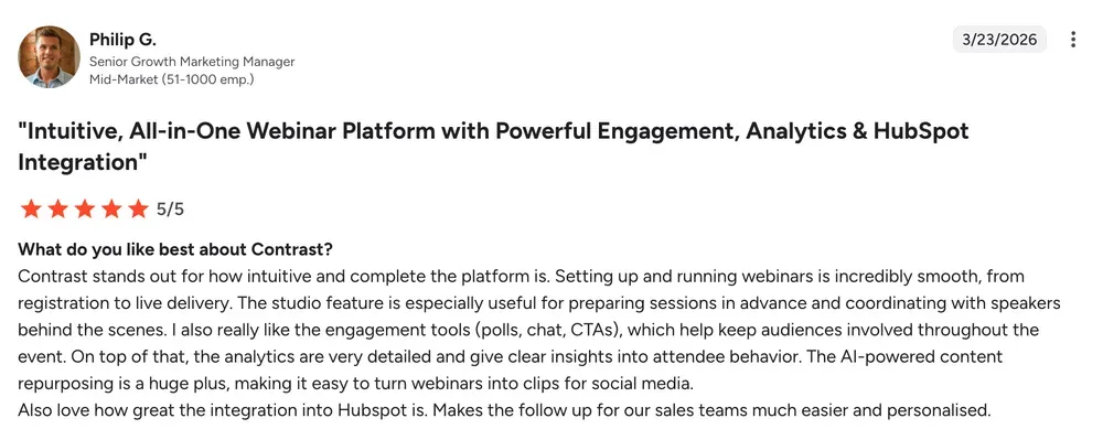 G2 customer review of Contrast Webinars praising its engagement features, analytics and HubSpot integration as a Zoom alternative
