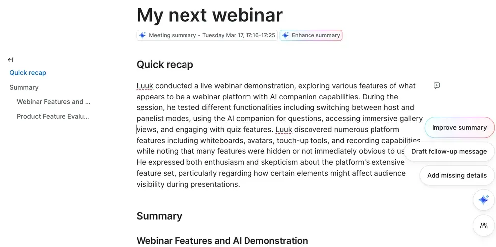 Automated session summary generated by Zoom AI Companion after a Zoom Webinars Plus event