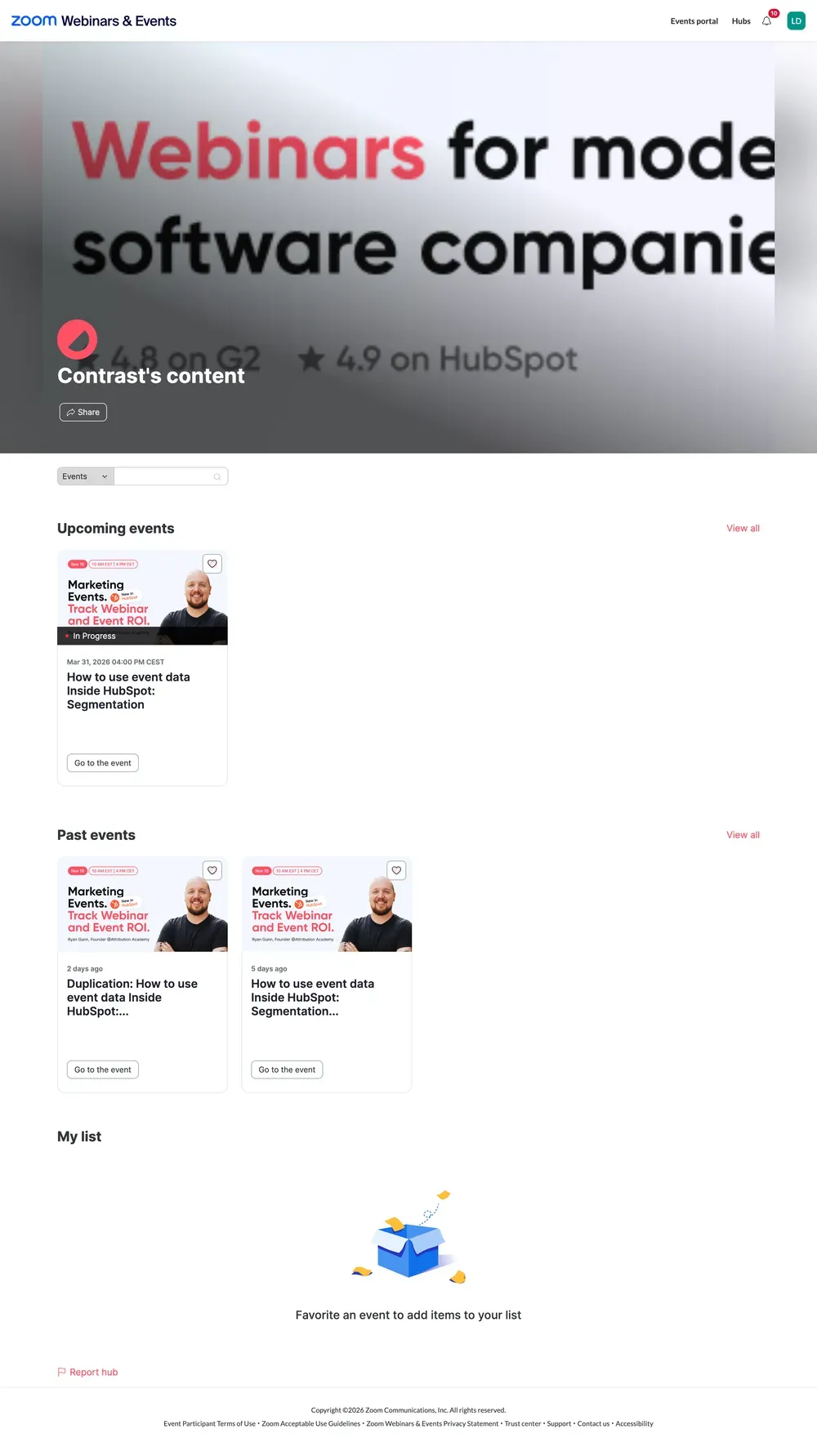 Zoom Webinars Plus Content Hub showing a branded webinar channel page for hosting on-demand replays