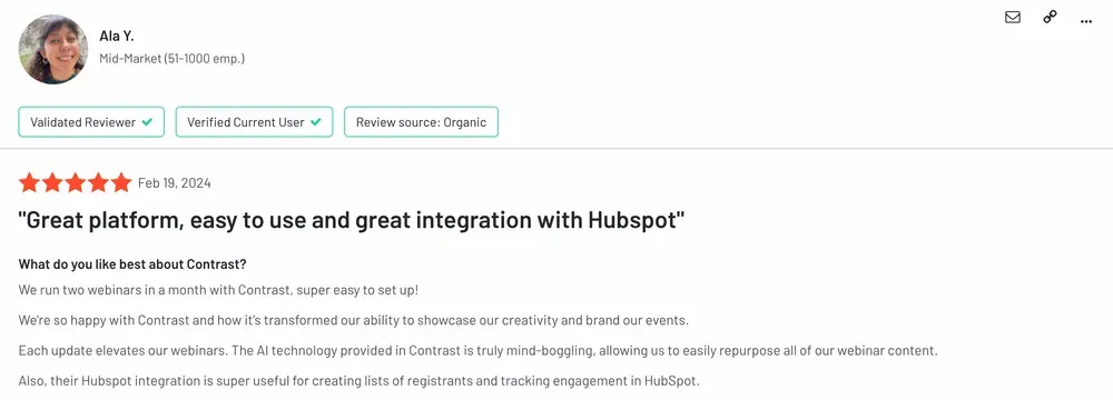 5-star G2 review praising Contrast as an easy-to-use webinar hosting platform