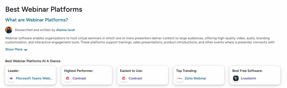 G2 ranking showing Contrast Webinars as the easiest to use and implement webinar platform