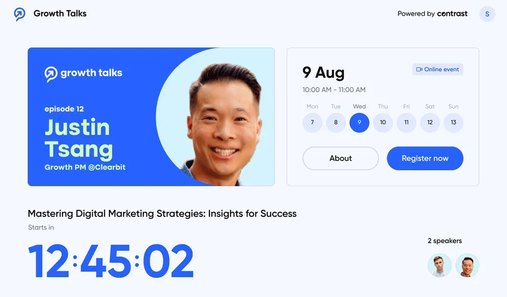 Webinar registration page with countdown timer to improve conversion rates before the event goes live