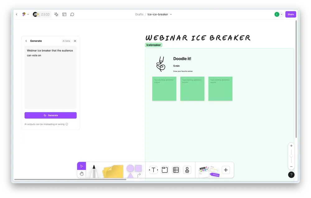 FigJam board used to plan webinar ice-breaker activities before hosting a live session