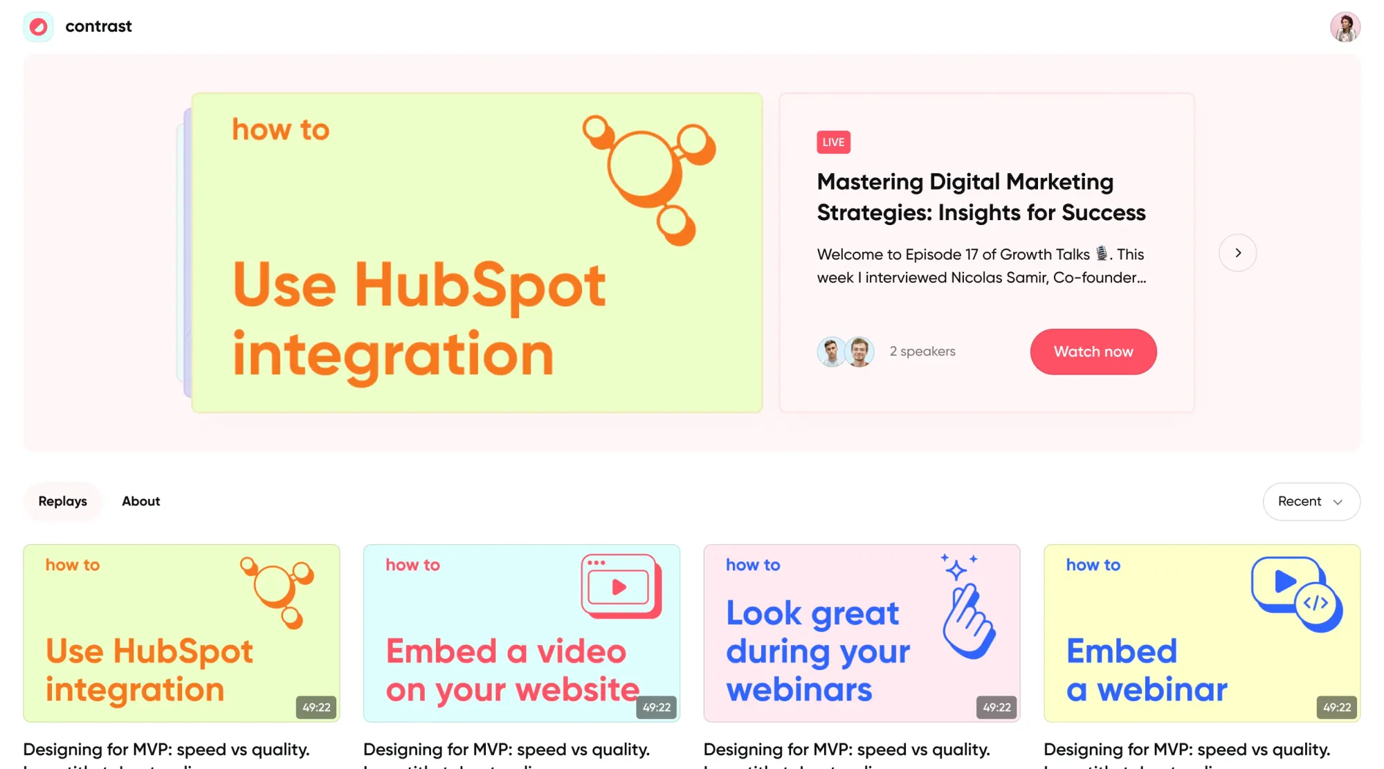 Screenshot of a Contrast webinar hub (Channel)