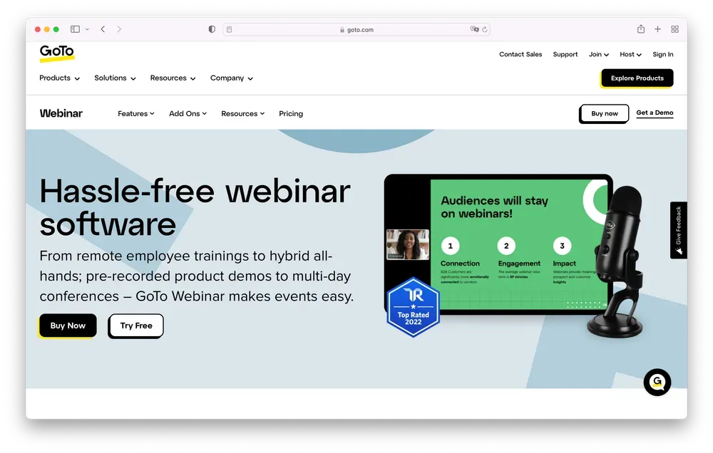 GoToWebinar homepage showing the enterprise webinar platform from the GoTo suite, a long-running alternative to Zoom Webinars
