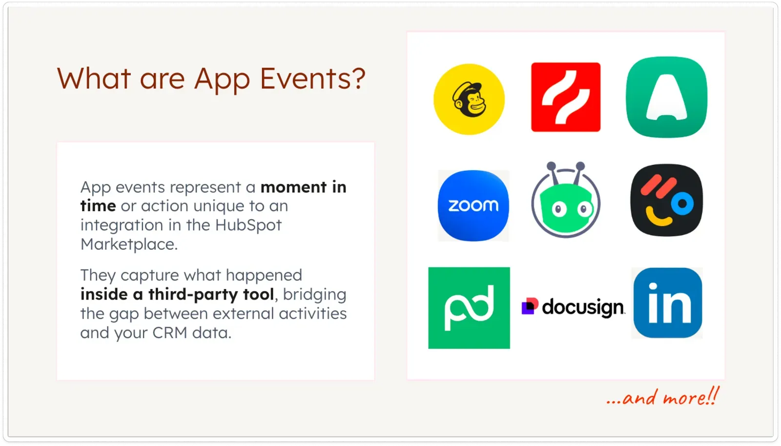 Third-party tools sending App Events into HubSpot including Zoom, LinkedIn, Vidyard, DocuSign and Contrast Webinars