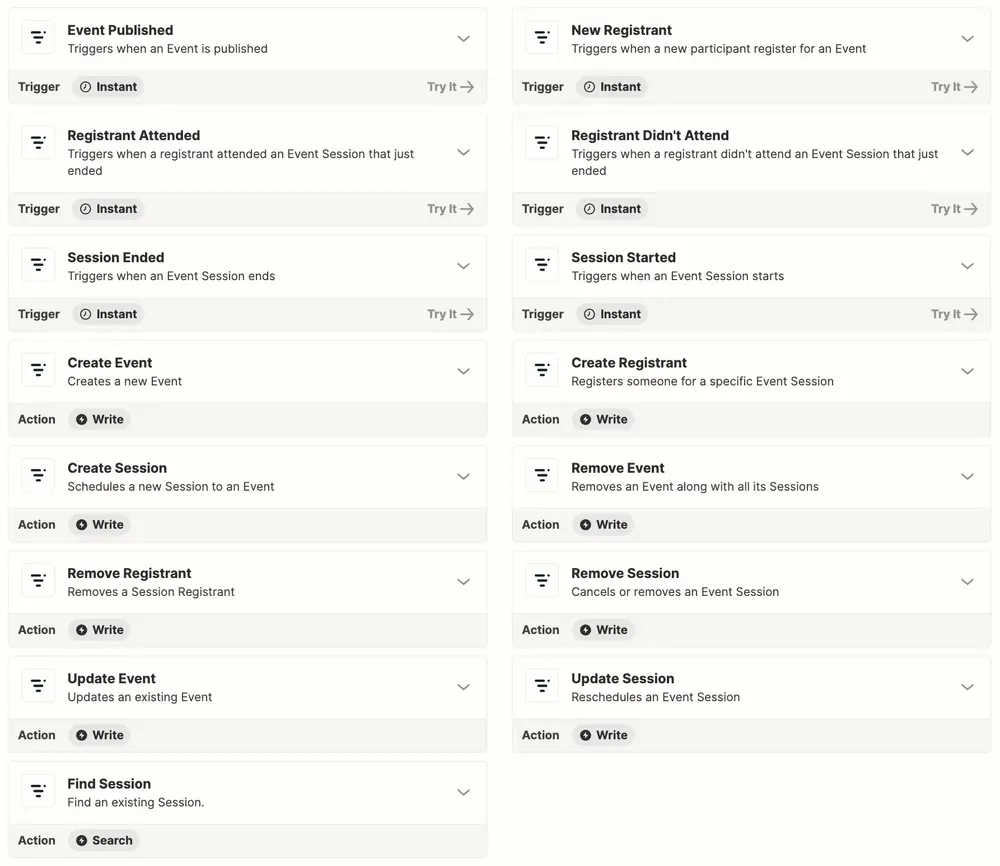 Livestorm integration options in Zapier showing available workflow automation actions for connecting Livestorm to CRM and marketing tools