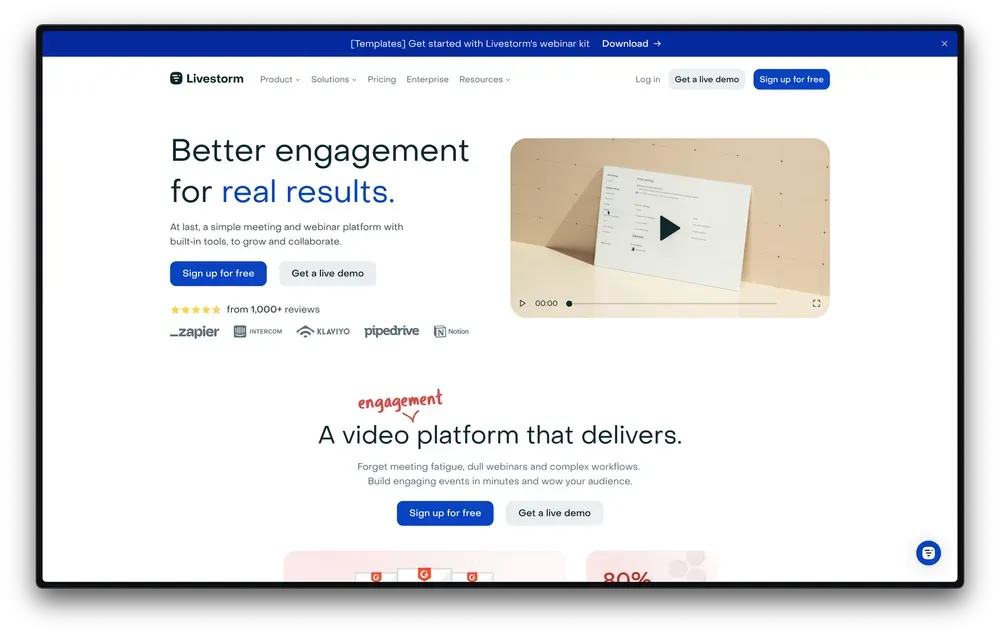 Livestorm homepage showing the browser-based webinar platform with modern UX and CRM integrations, reviewed in this Livestorm vs Zoom Webinars comparison