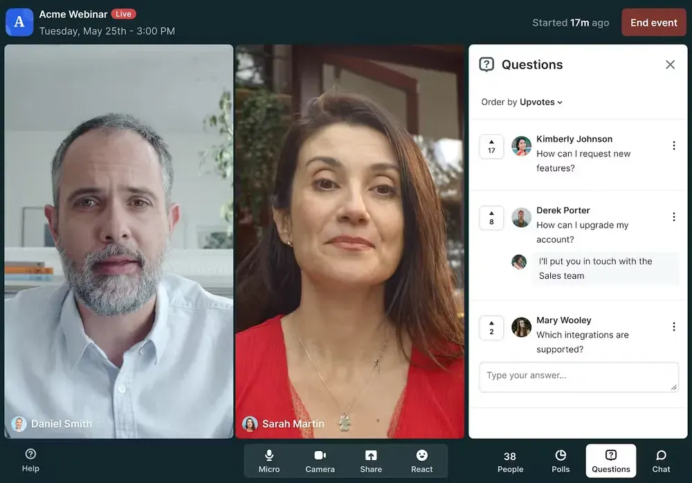 Livestorm viewer experience showing the attendee-facing browser-based interface with no download required, compared to Zoom Webinars