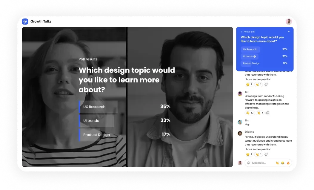 On-stage poll running during a live webinar in Contrast, with results shown to all attendees on screen