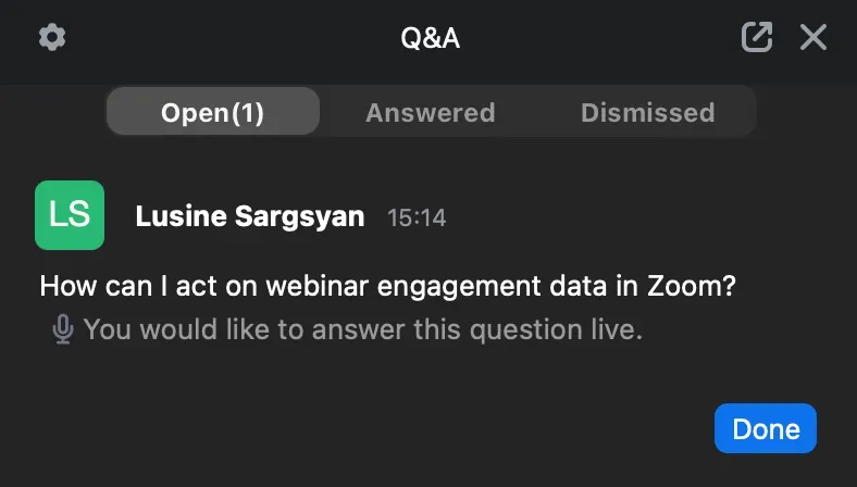 Q&A feature in Zoom Webinars showing audience questions during a live webinar session