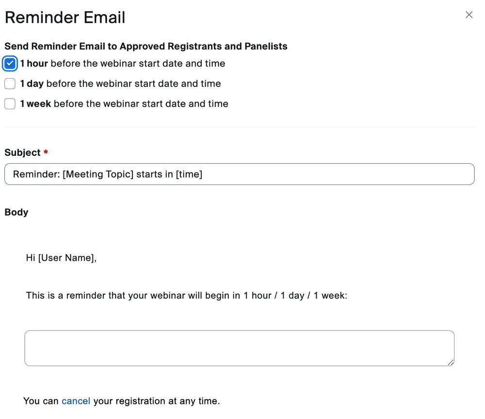 Zoom Webinars email editor showing locked templates with fixed Zoom branding and minimal customization options
