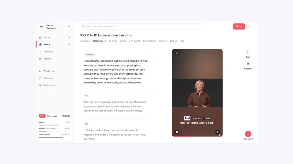 AI-generated webinar clips in Contrast ready to share on social media after hosting a webinar