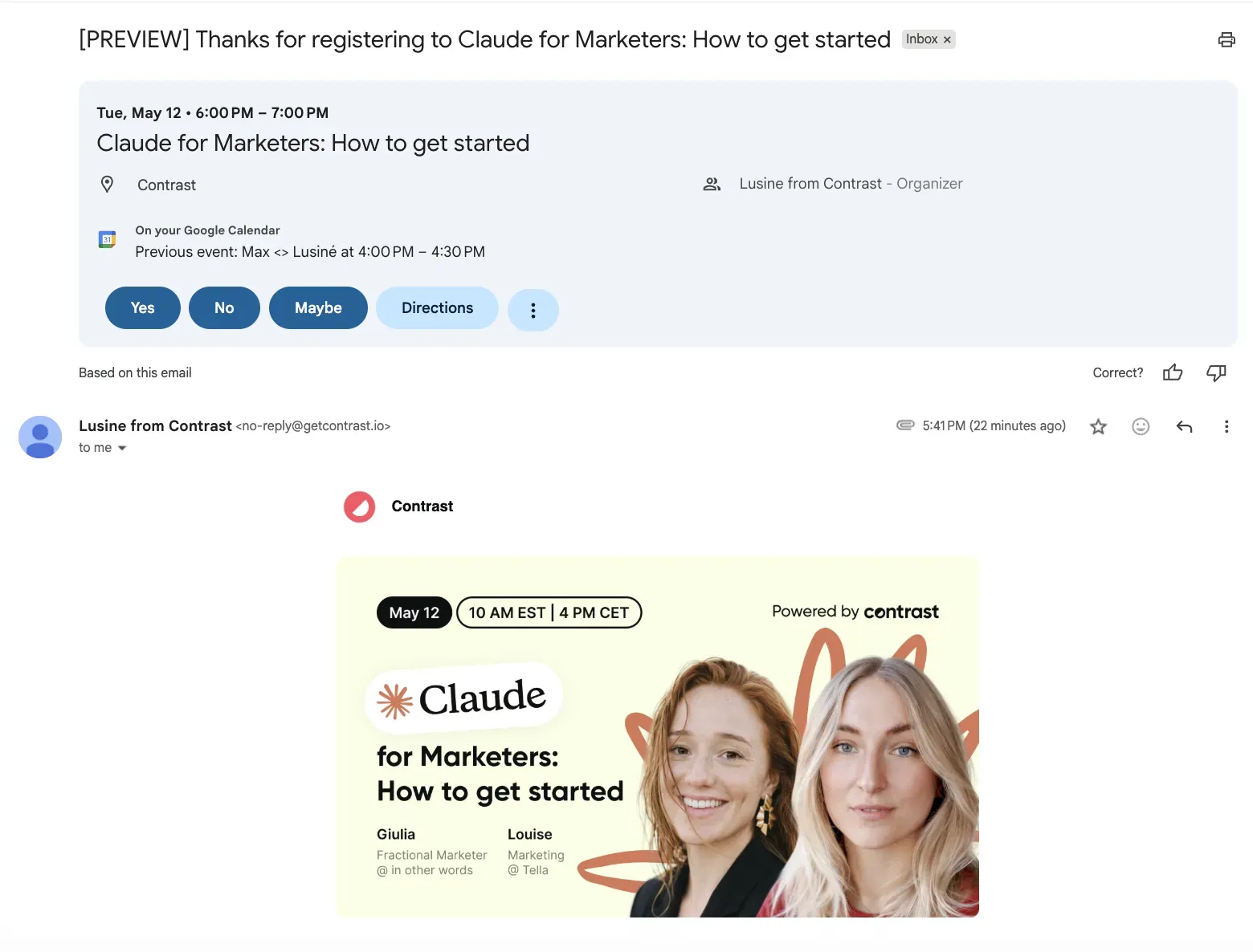 Screenshot of a webinar confirmation email with a calendar invite sent by Contrast