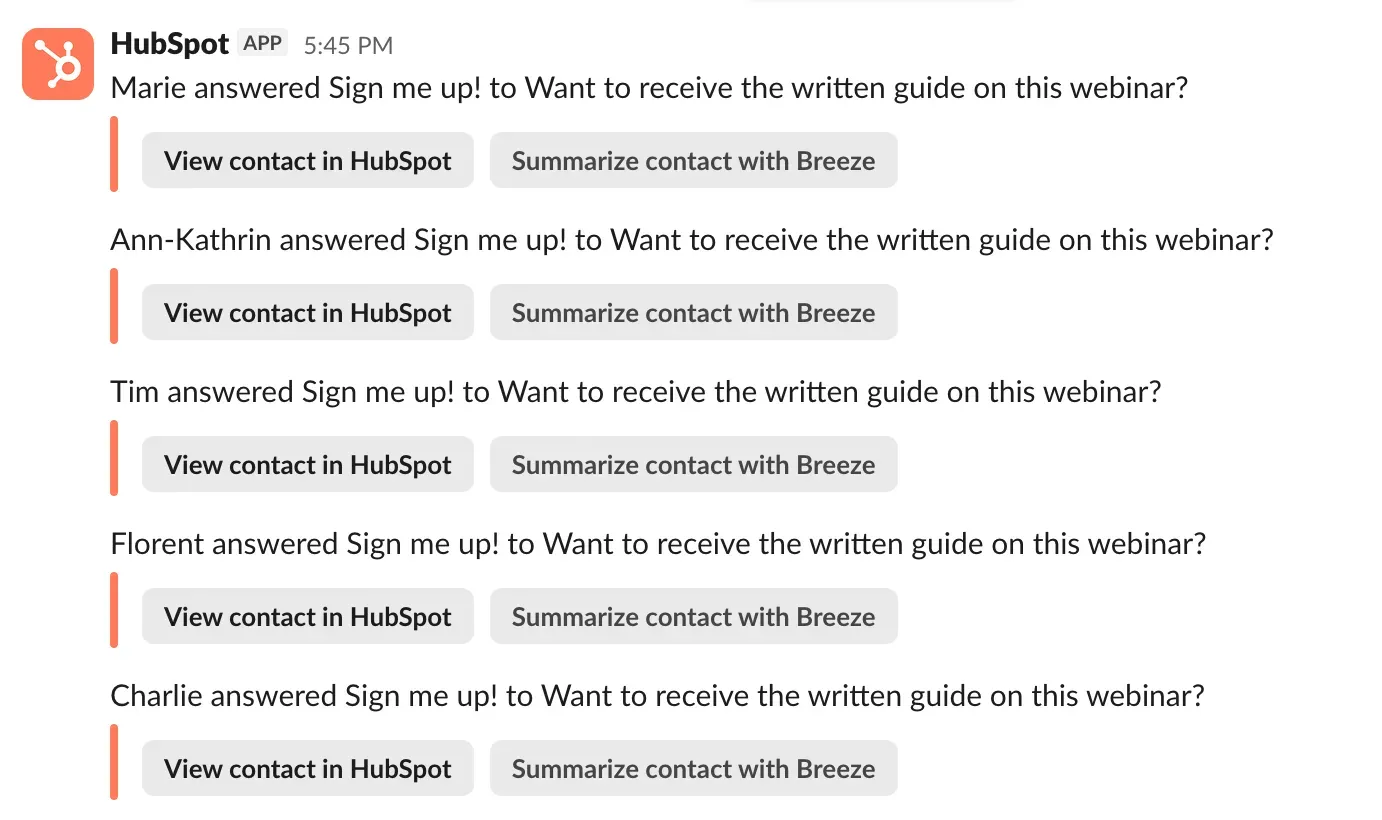 Slack channel showing real-time poll vote notifications from a live Contrast webinar, including contact email and poll answer