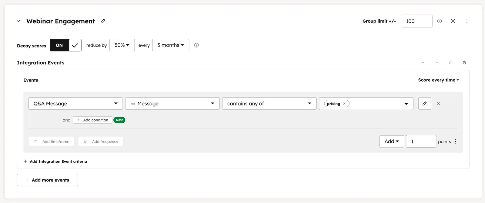 HubSpot lead scoring model using Contrast Webinars App Events to award points for live attendance, CTA clicks, and poll responses