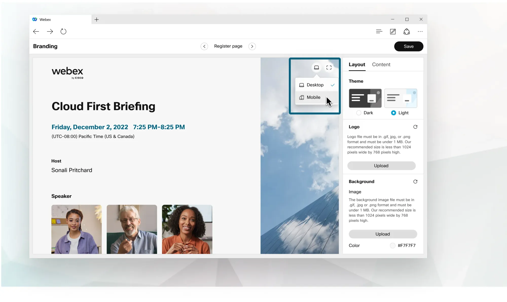 Webex registration page builder showing the pre-webinar setup experience including branded landing pages and attendee management, compared to Zoom Webinars
