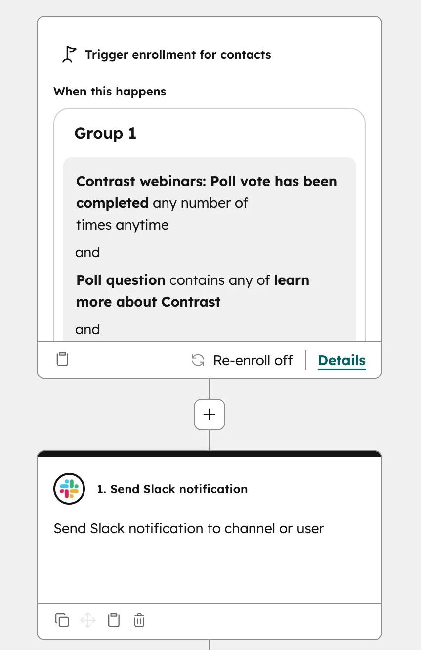 HubSpot workflow setup for sending real-time Slack notifications when a contact votes in a webinar poll via Contrast App Events
