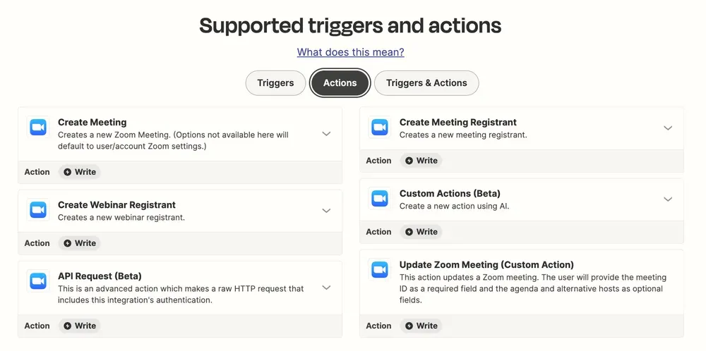 Zoom Webinars integration options in Zapier showing available workflow automation actions for connecting Zoom to CRM and marketing tools
